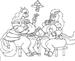 anthro armor big_breasts bread breasts clothed clothing curvy_figure duo eating female food fully_clothed furniture hair holding_object horn huge_breasts long_hair mature_anthro mature_female meat nipple_outline overweight overweight_anthro overweight_female sausage sitting stool table tail thick_thighs voluptuous wide_hips vdisco mythology alis_(fdokkaku) miss_l dragon mythological_creature mythological_scalie scalie black_and_white monochrome