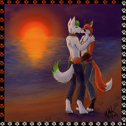 anthro beach border chest_tuft claws clothed clothing collar detailed_background digitigrade duo eyes_closed footprint fur green_hair hair kissing male male/male outside pawprint paws romantic romantic_ambiance romantic_couple sea seaside sky sunset tail topless tuft water white_body white_fur neotheta canid canine fox mammal 2010