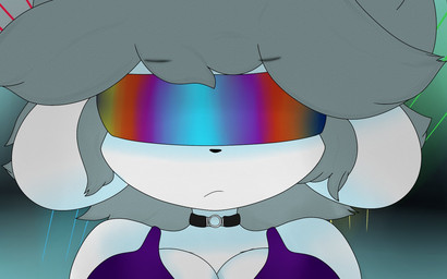 anthro big_breasts black_nose breasts clothed clothing collar female fur gradient gradient_background grey_hair hair looking_at_viewer simple_background solo visor white_body white_fur retrosolfunk undertale undertale_(series) temmie_(undertale) mammal tem bust_portrait digital_media_(artwork) portrait
