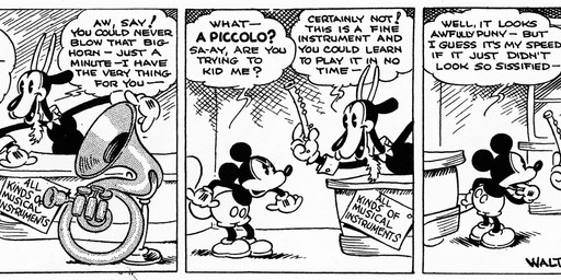 anthro bottomwear brass_instrument clothed clothing dialogue duo fingers footwear gloves group handwear inside leaning leaning_forward male musical_instrument open_mouth pants piccolo_(musical_instrument) shoes sousaphone standing tail teeth text tongue walking wind_instrument earl_duvall floyd_gottfredson disney public_domain mickey_mouse bovid canid canine canis caprine domestic_dog goat mammal mouse murid murine rodent 1930 20th_century absurd_res ancient_art comic dated english_text hi_res monochrome signature