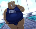 anthro belly blush brown_body brown_fur bulge clothing detailed_bulge embarrassed forehead_tattoo fur green_eyes male overweight overweight_male pool school_swimsuit solo swimwear text hisashiyo_0705 crave_saga gabu_(crave_saga) bear mammal hi_res japanese_text