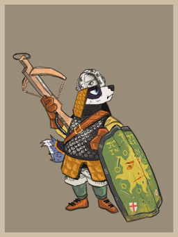 anthro armor blue_eyes boots border clothing crossbow england footwear headgear helmet holding_crossbow holding_object holding_ranged_weapon holding_shield holding_weapon knight looking_up male medieval medieval_armor medieval_clothing medieval_shield ranged_weapon shield shoes solo tail text warrior weapon yellow_border mawkvlt australian_cattle_dog canid canine canis cattledog domestic_dog herding_dog mammal pastoral_dog 3:4 hi_res