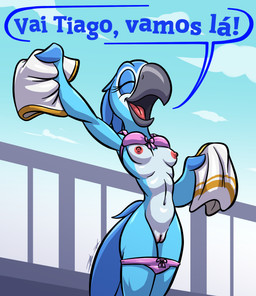 anthro areola beak blue_body blue_feathers bottomwear bra breasts clitoral_hood clothed clothing dialogue exhibitionism feathers female fingers genitals holding_bottomwear holding_clothing holding_object holding_shirt holding_skirt holding_topwear mostly_nude nipples open_beak open_mouth outside panties panties_down partially_clothed raised_bra raised_clothing raised_underwear shirt skirt smile solo speech_bubble standing tail tail_feathers text topwear underwear underwear_down vulva bassybefuddle conditional_dnp blue_sky_studios rio_(series) bia_(rio) avian bird macaw neotropical_parrot parrot spix's_macaw true_parrot digital_media_(artwork) hi_res portuguese_text