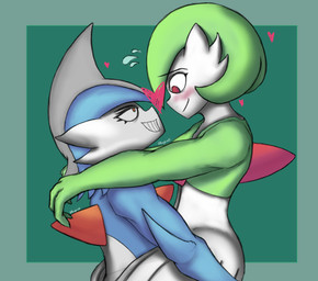 blush duo gynomorph intersex intersex/male lifting_partner male smile smug_grin rovgrinski nintendo pokemon gallade gardevoir generation_3_pokemon generation_4_pokemon humanoid pokemon_(species) shiny_pokemon absurd_res hi_res