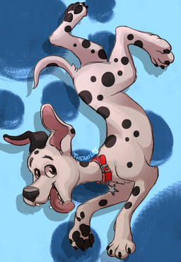 black_nose black_spots brown_eyes collar collar_tag feral fur heterochromatic_ears male markings red_collar solo spots spotted_body spotted_fur star_collar_tag tongue tongue_out toony white_body white_fur themiles 101_dalmatian_street 101_dalmatians disney dylan_(101_dalmatians) canid canine canis dalmatian domestic_dog mammal unavailable_at_source