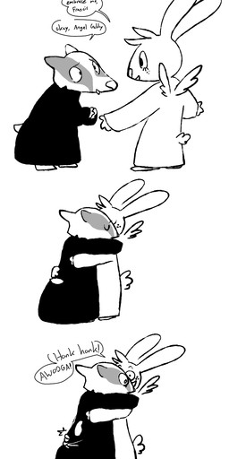 butt butt_grab clothed clothed_female clothed_male clothing dialogue eyelashes feathered_wings feathers female freckled_face freckles fur hand_on_butt hug long_eyelashes male rabbit_ears smile tuft wings the_weaver angel_hare the_east_patch angel_gabby francis_(angel_hare) angel badger hare lagomorph leporid mammal mustelid musteline 2024 hi_res line_art monochrome