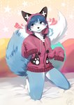 ambiguous_gender anthro barefoot bed big_tail black_nose blep blue_body blue_eyes blue_fur blue_hair blue_tongue blush bottomless cheek_tuft chest_tuft clothed clothing facial_tuft fangs feet femboy fluffy fluffy_tail fur furniture hair heart_symbol hoodie hoodie_only kneeling multicolored_body multicolored_fur red_clothing smile solo sweater sweater_only tail teeth tongue tongue_out topwear topwear_only tuft two_tone_body two_tone_fur white_body white_fur zuekrz aurora_(auroralights) canid canine fox mammal 2016 hi_res