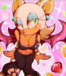 anthro bare_shoulders bat breasts chaos_emerald cleavage clothed clothing colored_nails eyeshadow female fur gem gloves green_eyes handwear hi_res jewelry just_icy lipstick makeup mammal membrane_(anatomy) membranous_wings nails necklace orange_body orange_skin ring_(jewelry) rouge_the_bat sega signature solo sonic_riders sonic_the_hedgehog_(series) white_body white_fur wings