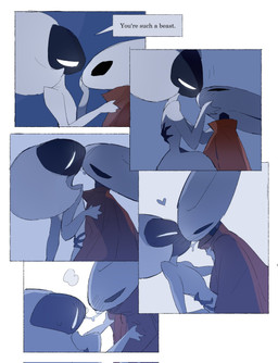 anthro bedroom biped black_body black_eyes blush blush_lines bodily_fluids border breath cloak clothing detailed_background dialogue duo empty_eyes eye_contact female female/female female_anthro female_humanoid heart_symbol humanoid_on_anthro inside kissing looking_at_another looking_at_partner mouthless red_cloak red_clothing saliva saliva_string sitting speech_bubble talking_to_another talking_to_partner text white_body white_border white_eyes justdog hollow_knight:_silksong hollow_knight_(franchise) team_cherry hornet_(hollow_knight) lace_(hollow_knight:_silksong) arthropod humanoid 2025 comic digital_drawing_(artwork) digital_media_(artwork) english_text hi_res