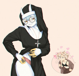 5_fingers anthro biped blonde_hair blue_hair breasts clothing cross duo exclamation_point eyelashes eyewear female fingers fur glasses hair heart_symbol horn orange_eyes panties pink_clothing pink_panties pink_underwear speech_bubble tan_body tan_fur underwear white_body white_fur sonyan 2019 digital_media_(artwork) hi_res shaded