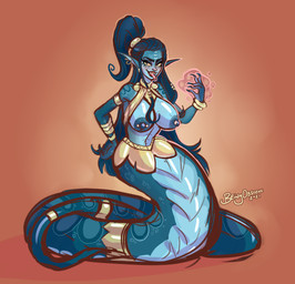 accessory apode blue_body breasts ear_piercing ear_ring female furgonomics gold_(metal) gold_jewelry hair humanoid_pointy_ears jewelry legless looking_at_viewer magic nipple_piercing nipples orange_background piercing pointy_ears ponytail purple_hair ring ring_piercing serpentine simple_background smile solo split_form tail tail_accessory tail_jewelry tail_ring tongue tongue_out beingobscene draconcopode lamia reptile scalie snake 2021 hi_res