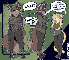 4_toes 5_fingers abs anthro biped breasts brown_body brown_fur brown_tail butt claws countershade_torso countershading duo ear_piercing eye_contact feet female fingers fur green_eyes looking_at_another open_mouth piercing size_difference standing tail teeth text toe_claws toes tongue the_man foxhole:_persistant_online_warfare amber_(schmutzo) bridge_(the_man) canid canine domestic_cat felid feline felis fox mammal 2025 absurd_res digital_drawing_(artwork) digital_media_(artwork) english_text hi_res