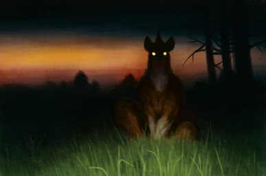 anthro blood blood_on_mouth bodily_fluids glowing glowing_eyes grass horror_(theme) looking_at_viewer outside plant sky solo sunset tree yellow_eyes rayoutofspace hyena mammal absurd_res digital_media_(artwork) digital_painting_(artwork) hi_res painting_(artwork) signature