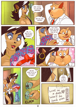 4_fingers anthro black_hair black_nose bouquet breasts brown_nose clothed clothed_anthro clothed_female clothed_male clothing dialogue door dress duo female fingers flower flower_bouquet fur hair humanoid_hands kissing kissing_cheek male male/female plant romantic romantic_couple speech_bubble suit tan_body tan_fur teeth text artoonooref gerovort hanna-barbera swat_kats chance_furlong felina_feral domestic_cat felid feline felis mammal comic english_text hi_res