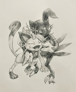 ambiguous_gender anthro claws duo eyelashes eyes_closed fangs finger_claws male open_mouth pawpads paws simple_background tail teeth toe_claws tongue whiskers katsuraginoa nintendo pokemon felid feline generation_1_pokemon generation_2_pokemon mammal meowth pokemon_(species) sneasel 2025 hi_res monochrome signature