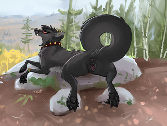 anatomically_correct anatomically_correct_genitalia anatomically_correct_vulva animal_genitalia animal_vulva anus bedroom_eyes black_body black_fur bracelet butt canine_genitalia canine_vulva collar curling_toes ear_piercing feet female feral forest forest_background fur genitals jewelry looking_at_viewer looking_back narrowed_eyes nature nature_background pawpads paws piercing plant presenting presenting_anus presenting_hindquarters presenting_vulva raised_tail red_eyes seductive solo spiked_collar spikes tail tree vulva queenkoko zayne_(zeniarmr) canid canine fox mammal vampire absurd_res hi_res