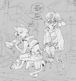 3_toes anthro barefoot belt book bottomwear cheek_tuft claws clothing coat collar denim denim_bottomwear denim_clothing dialogue duo eyebrows eyewear facial_tuft feet female finger_claws footwear freckles furniture glasses head_tuft high_chair holding_object jeans jersey long_ears long_sleeves long_socks long_tail looking_down markings open_mouth pants pawpads paws pointy_ears raised_eyebrow reading scarf shirt sitting socks soles speech_bubble stool striped_markings stripes tail text tied_ears toe_claws toeless_footwear toeless_socks toes topwear torn_bottomwear torn_clothing torn_jeans torn_pants tuft wearing_glasses ruffu paddy_(ruffu) pepper_(ruffu) felid feline lagomorph leporid mammal rabbit digital_drawing_(artwork) digital_media_(artwork) monochrome sketch