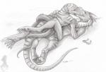 anthro claws curling_toes duo eyewear feet glasses hindpaw hug kissing lying male male/male male_on_bottom male_on_top nude on_back on_bottom on_top paws romantic romantic_couple stripes tail toe_claws yami_griffin mythology delta sovander dragon kobold mythological_creature mythological_scalie reptile scalie 2012 graphite_(artwork) greyscale monochrome traditional_media_(artwork)