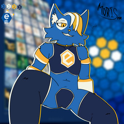 anthro biped blonde_hair blue_body blue_fur femboy fur hair hair_over_eye looking_at_viewer looking_down looking_down_at_viewer male mascot mischievous_smile sitting slim smile smiling_at_viewer solo white_hair yellow_eyes moris_mano e621 hexerade domestic_cat felid feline felis mammal 1:1 absurd_res hi_res