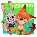 anthro black_nose clothing duo female fur green_eyes grey_body grey_fur happy long_ears male necktie open_mouth orange_body orange_fur pen purple_eyes text uniform kemo_nuko disney zootopia judy_hopps nick_wilde canid canine fox lagomorph leporid mammal rabbit red_fox true_fox 1:1 english_text