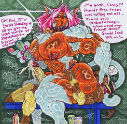 anal armpit_hair big_butt big_hands big_muscles big_nipples big_pecs big_penis bodily_fluids body_hair bottle butt clothing colored_nails container cum cum_in_bottle cum_in_container dark_body dark_skin facesitting genital_fluids genitals gynomorph hair intersex jockstrap male muscular muscular_male nails nipples oral pawpads pecs penis pink_hair pink_nails pink_pawpads rimming sex sitting sitting_on_another size_difference sweat text underwear vein veiny_penis the_fedor_corpse chessly cosey_(the_fedor_corpse) animal_humanoid cat_humanoid felid felid_humanoid feline feline_humanoid human humanoid mammal mammal_humanoid english_text hi_res