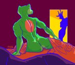 bed bedding blanket caught_in_the_act femboy furniture hookup male muscular muscular_male roommate heckfrog fan_character sticky_(heckfrog) amphibian deer frog mammal