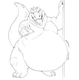 3_toes 4_fingers anthro black_eyes bodily_fluids claws feet finger_claws fingers gesture hand_gesture hand_on_wall kneecap looking_at_viewer male moobs motion_lines obese obese_anthro obese_male open_mouth overweight overweight_anthro overweight_male pointing pointing_at_viewer raised_tail saliva saliva_on_tongue saliva_string scut_tail scutes sharp_teeth short_tail solo tail teeth thick_thighs toes tongue tongue_out technocaster crocodile crocodilian lizard reptile scalie digital_media_(artwork) hi_res monochrome