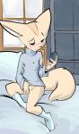 aggretsuko anthro bed biped black_eyes blush bottomless canid canine cellphone clothed clothing electronics female fennec_fox fenneko fingering fingering_self fluffy fluffy_tail footwear fox front_view fur furniture genitals humanoid_hands inside legwear mammal masturbation on_bed phone pussy sanrio sexting sitting socks solo sweater tail tan_body tan_fur tan_tail texting topwear toxoglossa true_fox turtleneck vaginal vaginal_fingering vaginal_masturbation