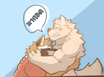 anthro barazoku blush bodily_fluids clothed clothing crying duo male simple_background smile speech_bubble tears tears_of_joy teary_eyes text cheese12367 canid canine canis mammal wolf character_request hi_res thai_text