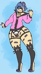 anthro blue_eyes bulge clothing fur hair harness jacket legwear looking_at_viewer male markings one_eye_closed purple_hair simple_background solo spots spotted_body spotted_fur standing thigh_highs topwear wink yellow_body yellow_fur cremacat felid jaguar mammal pantherine digital_drawing_(artwork) digital_media_(artwork) flat_colors hi_res