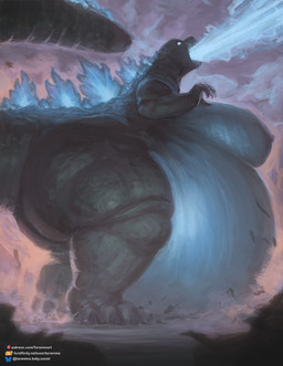 anthro atomic_breath belly big_belly big_butt biped breasts butt crossgender female huge_belly hyper hyper_belly hyper_pregnancy mtf_crossgender nipples nude pregnant pregnant_anthro pregnant_female side_view solo text thick_thighs taranima godzilla_(series) toho godzilla kaiju scalie digital_media_(artwork) hi_res url