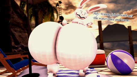 anthro ball beach beach_ball beach_towel big_butt butt dialogue exclamation_point fur hand_on_butt huge_butt hyper hyper_butt inflatable male pink_nose rear_view sharp_teeth small_tail smile solo tail teeth text towel white_body white_fur doppoartz n1ndr0id_(modeler) sam_and_max max_(sam_and_max) lagomorph leporid mammal rabbit 2024 3d_(artwork) digital_media_(artwork) english_description english_text