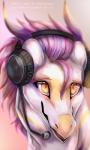 black_headphones black_headset electronics glistening glistening_eyes glistening_headphones glistening_headset grey_headphones grey_headset hair headgear headphones headset horn multicolored_headphones multicolored_headset orange_eyes purple_hair smile solo two_tone_headphones two_tone_headset leokatana mythology dragon mythological_creature mythological_scalie scalie 2019 3:5 digital_media_(artwork) headshot_portrait portrait