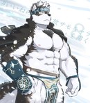 5_fingers abs accessory ainu_clothing anthro biceps biped black_nose bottomwear brown_body brown_fur brown_tail clothing coat_cape fingers fur headband humanoid_hands loincloth male multicolored_body multicolored_fur muscular muscular_anthro muscular_male muscular_thighs nipples pecs pink_nipples solo tail text two_tone_body two_tone_fur two_tone_tail white_body white_fur white_tail yellow_eyes yanutorie lifewonders tokyo_afterschool_summoners horkeu_kamui_(tas) canid canine canis mammal wolf 2020 colored japanese_text