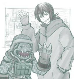 anthro armor black_hair claws clothing duo fingerless_gloves gesture gloves hair handwear headgear helmet jacket male military ponytail sharp_teeth smile soldier teeth topwear warrior waving mas_square bandai_namco digimon digimon_beatbreak haruomi_sone commandramon digimon_(species) human mammal scalie hi_res