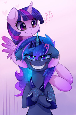 angry blue_body blue_eyes blue_fur blue_hair crown duo evil_grin feathered_wings feathers female feral forced_smile fur hair headgear horn long_hair looking_at_viewer multicolored_hair note purple_body purple_eyes purple_fur simple_background smile tattoo wings magnaluna friendship_is_magic hasbro my_little_pony mythology princess_luna_(mlp) twilight_sparkle_(mlp) equid equine mammal mythological_creature mythological_equine winged_unicorn 2016 absurd_res hi_res unavailable_at_source