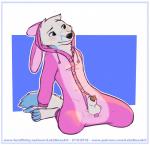 animal_genitalia animal_penis anthro balls black_sheath_slit blue_eyes blush canine_genitalia canine_penis clothing detached_sheath fur genitals kigurumi male onesie pajamas penis penis_tip pink_body pink_fur sheath sheath_poking_out sheath_slit sheath_through_fly solo white_body white_fur letodoesart leto_(letodoesart) arctic_fox canid canine fox mammal true_fox hi_res