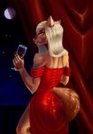 alcohol anthro beverage butt clothing container cup detailed_background dress drinking_glass elegant exposed_leg female glass glass_container glass_cup hair moon rear_view red_clothing red_dress snout solo star wine wine_glass dantewolfguy hi_res