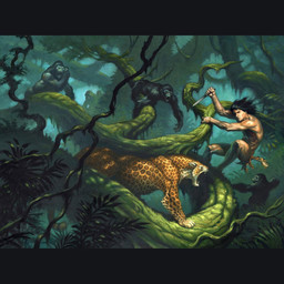 ambiguous_gender angry black_body black_fur black_hair detailed_background feral forest fur group hair holding_knife holding_object jungle knife male muscular muscular_male open_mouth outside plant tail teeth tree vines daren_bader tarzan ape felid feline gorilla haplorhine human mammal primate 2020 book_cover cover hi_res traditional_media_(artwork)