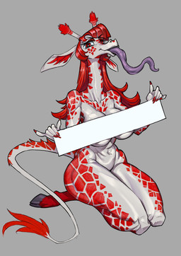 5_fingers anthro big_breasts breasts censor_bar colored_nails female female_anthro fingernails fingers grey_background grey_body hair hooves humanoid_hands kneeling long_hair long_legs long_neck long_tail long_tongue looking_at_viewer markings multicolored_body nails navel nude physical_censor_bar purple_tongue red_body red_eyes red_fingernails red_hair red_markings red_nails simple_background solo tail thick_thighs tongue tongue_out two_tone_body unguligrade bleedglaze giraffe giraffid mammal absurd_res hi_res