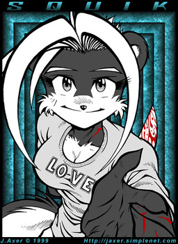 anthro blood bodily_fluids breasts cleavage clothed clothing dagger female grey_clothing grey_shirt grey_topwear holding_object holding_weapon knife melee_weapon shirt solo tail topwear weapon j_axer squik mammal mephitid skunk 1999 digital_media_(artwork)