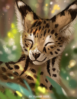 ambiguous_gender eyes_closed feral fur markings smile solo spots spotted_body spotted_fur flashw arthropod felid feline insect lepidopteran mammal moth serval 2019 digital_media_(artwork)