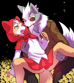 anthro black_background bodily_fluids bomber_jacket bottomwear clothed clothing cowl crossdressing crossdressing_male cute_fangs duo eye_patch eyewear fangs flower fluffy fluffy_tail fur green_eyes grey_body grey_fur holding_another kemono male male/male multicolored_body multicolored_fur on_lap orange_body orange_fur outside panties plant pointy_ears red_eyes simple_background sitting_on_lap skimpy skirt spread_legs spreading sweat sweatdrop tail teeth tongue tongue_out two_tone_body two_tone_fur underwear white_body white_fur kiiko fairy_tales little_red_riding_hood_(copyright) nintendo star_fox fox_mccloud wolf_o'donnell canid canine canis fox mammal wolf hi_res