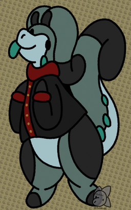 ambiguous_gender antennae_(anatomy) anthro big_tail bottomless clothed clothing dot_eyes green_body hand_on_chest happy shirt shirt_only simple_eyes smile tail tongue tongue_out topwear topwear_only tunic stinkvali nintendo pokemon generation_6_pokemon goodra pokemon_(species) 5:8 hi_res female_(lore)