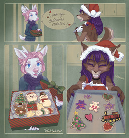 5_fingers albino anthro apron bikini blue_eyes bow_ribbon brown_body brown_fur christmas_clothing christmas_cookies christmas_tree clothing colored_nails cookie duo ear_markings ear_tuft female female/female fingers flower fluffy fluffy_tail food fur gingerbread_man hair heart_symbol holding_present holidays hooves icing icing_bag inner_ear_fluff nails parchment pink_hair plant present_box purple_hair rose_(flower) scarf snowman speech_bubble star sweater swimwear tail topwear train tray tree tuft two-piece_swimsuit vehicle yellow_eyes purliwhite christmas bianca_(purliwhite) purli canid canine canis deer domestic_cat felid feline felis fish hybrid mammal marine wolf censored comic hi_res