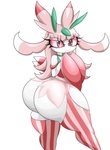 absurd_res anthro bangs big_butt breasts butt clothing eyelashes female garter_straps generation_7_pokemon hair hi_res huge_butt long_hair looking_at_viewer looking_back luditima lurantis nintendo open_mouth pattern_clothing pokemon pokemon_(species) simple_background solo striped_clothing stripes thick_thighs thong underwear white_background