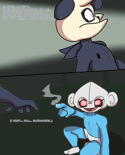 anthro blue_body crazy_eyes dialogue duo falling forest gesture hand_gesture hole_in_chest insane male multicolored_body navel plant pointing pokemorph red_eyes smile text thinking tree token_taker nintendo pokemon cham_(token_taker) pan_(token_taker) generation_3_pokemon generation_6_pokemon meditite pancham pokemon_(species) comic digital_media_(artwork) english_text hi_res