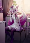 anthro claws female glowing glowing_eyes hair pink_body pink_eyes pink_tail solo tail white_body white_hair dziiik yoki_j_(yj) canid canine fox mammal absurd_res hi_res