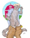 anthro balls barn black_stripes blue_clothing blue_eyes blue_shirt blue_topwear bottomwear bottomwear_down brown_bottomwear brown_clothing brown_pants cheek_tuft clothed clothing cowboy cowboy_hat facial_tuft flaccid foreskin front_view fur genitals glans grass grey_body grey_fur hand_behind_back hat head_tuft headgear headwear humanoid_genitalia humanoid_penis looking_at_viewer male markings open_clothing open_shirt open_topwear pants pants_down partially_clothed pattern_clothing pattern_shirt pattern_topwear penis pink_nose plaid plaid_clothing plaid_shirt plaid_topwear plant pose scientific_instrument shirt smile solo standing striped_body striped_fur striped_markings striped_tail stripes tail tail_markings tipping_hat topwear tuft weather_instrument weathervane guppy_(artist) domestic_cat felid feline felis mammal 2000 pinup signature traditional_media_(artwork)