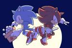 anthro black_body black_fur blue_body blue_fur box clothing container dango_(food) duo eating footwear fur gloves handwear holding_object male pose red_body red_fur shoes soap_shoes sikai sega sonic_adventure sonic_the_hedgehog_(series) shadow_the_hedgehog sonic_the_hedgehog eulipotyphlan hedgehog mammal 3:2